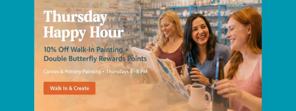 Thursdays: Friends & Family Happy Hour ๐ Join us every Thursday for our most social night of the week! Bring your crew, enjoy a relaxed creative atmosphere, and make something together. Walk-ins welcome โ reserve your table to guarantee your seat.