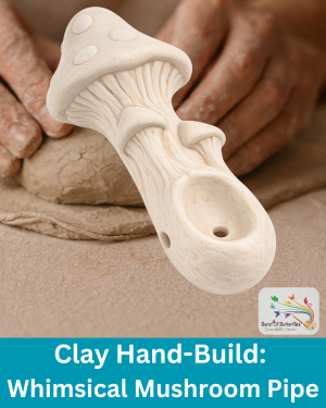 Handmade clay mushroom pipe sculpture for a whimsical hand-building pottery class