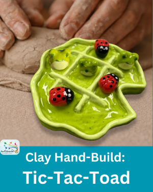 Clay frog tic tac toe board with ladybug pieces in a hand-building pottery class at Burst of Butterflies studio