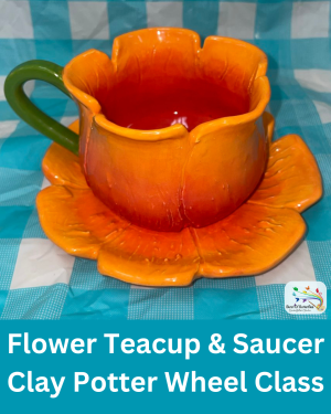 Flower-shaped pottery teacup and saucer made on a pottery wheel at Burst of Butterflies studio in Arizona