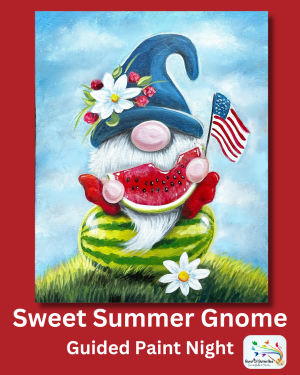 Patriotic summer gnome sitting on a large watermelon on a grassy hill while holding an American flag with daisies and blue sky background. Guided Canvas Paint Night - Burst Of Butterflies